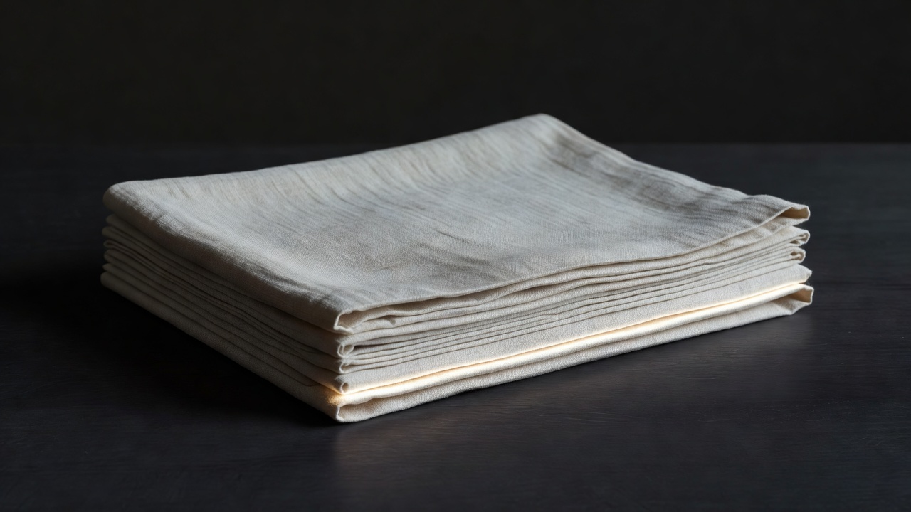 Portrait-free source photograph of folded linen against a dark surface with a clearly lit edge