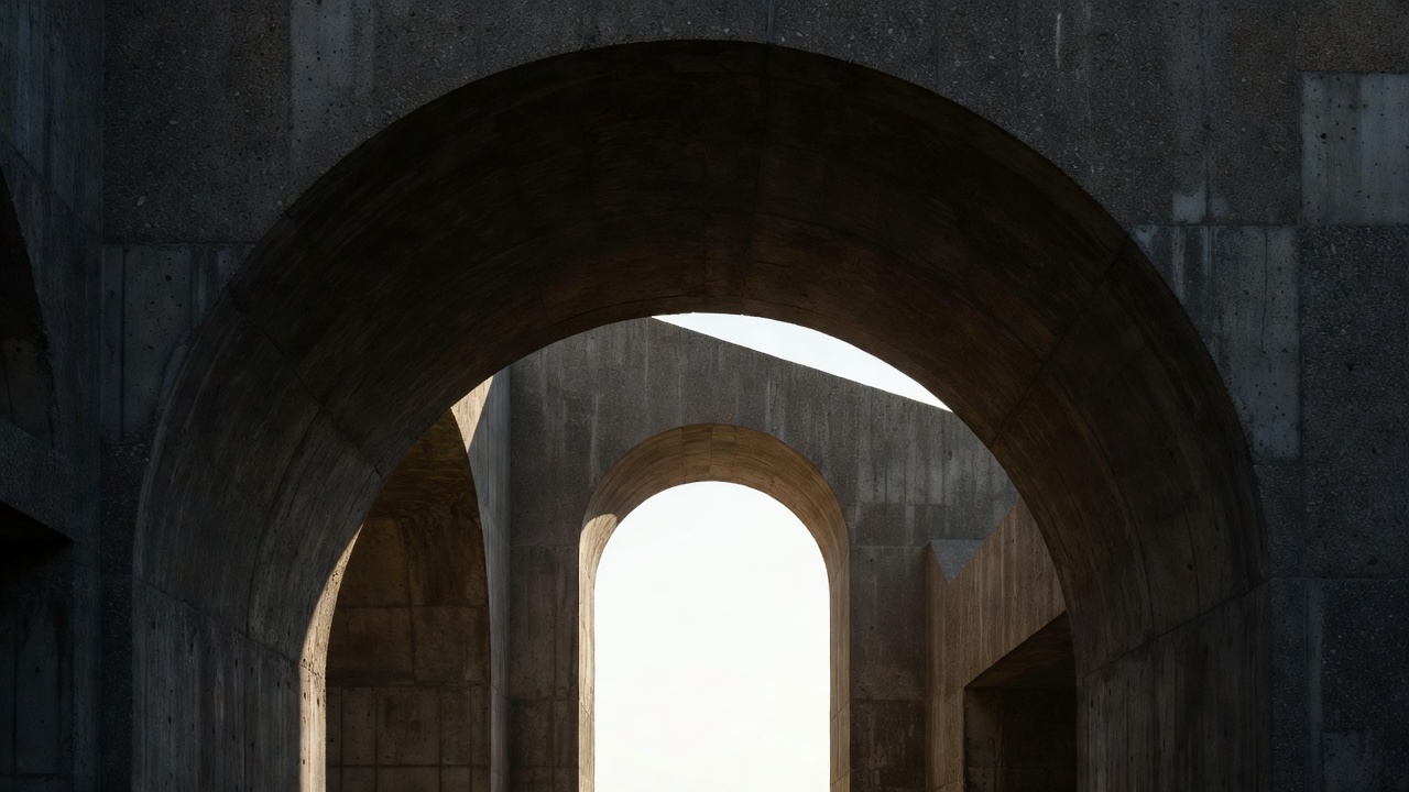 Shadowed concrete arch with a bright opening, used to study focal contrast and negative space