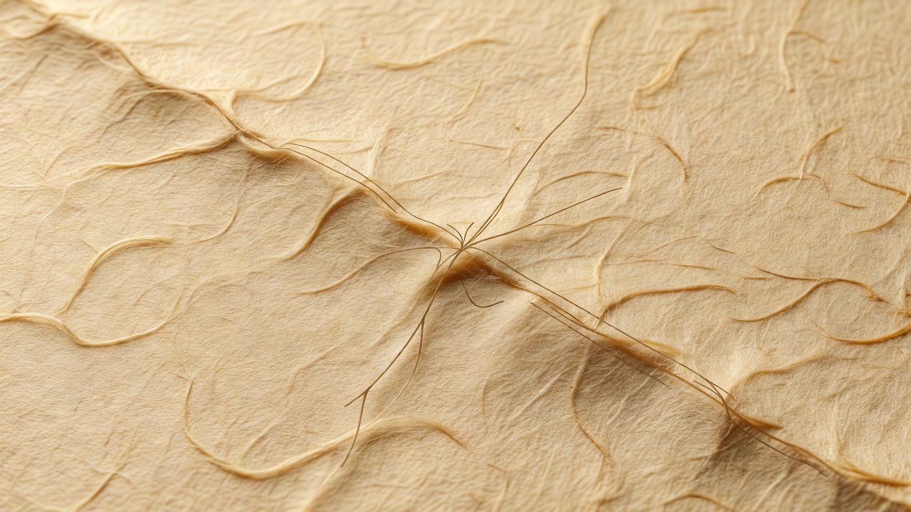Warm paper fibers and a diagonal crease in a close-up surface photograph with a subtle line-overlay demonstration